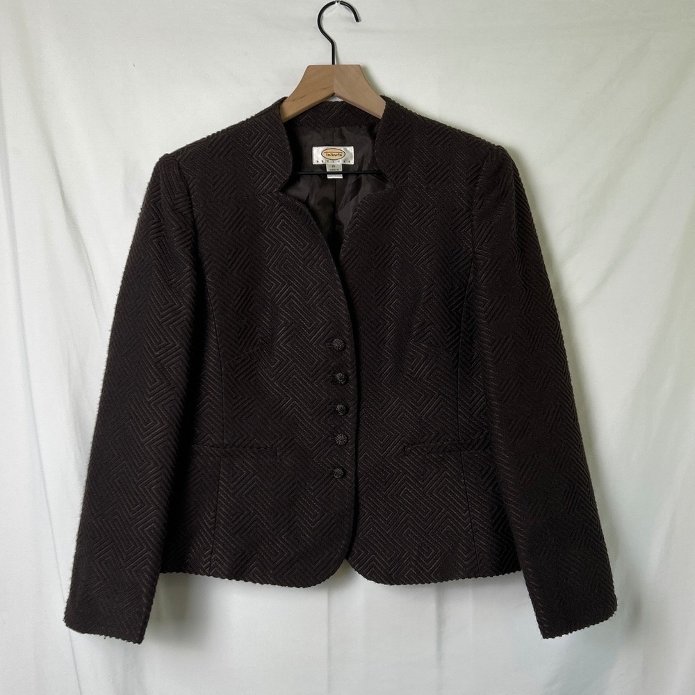 Talbots Women Blazer Brown Size 10P Geometric Jacquard Wool Blend Lined Office